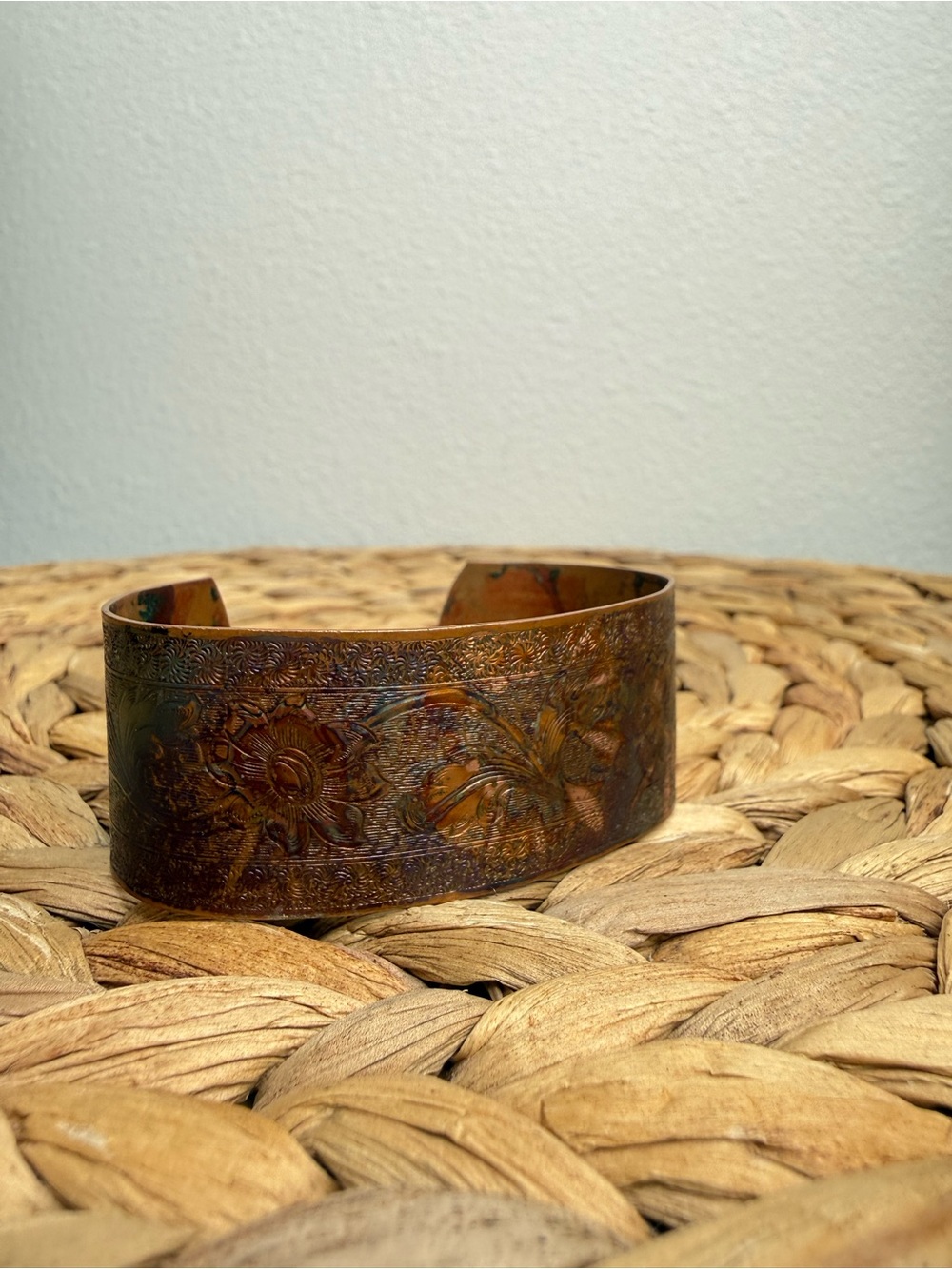 Vintage Bracelet Stamped Floral Copper Cuff Patina Vtg Retro Boho Hand Crafted